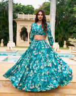 Thumbnail for Lorenvalley Teal Georgette Chex beautiful Floral Print ethnic Co-ord Set - Distacart