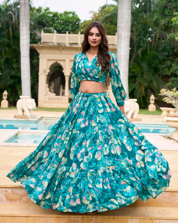 Lorenvalley Teal Georgette Chex beautiful Floral Print ethnic Co-ord Set - Distacart