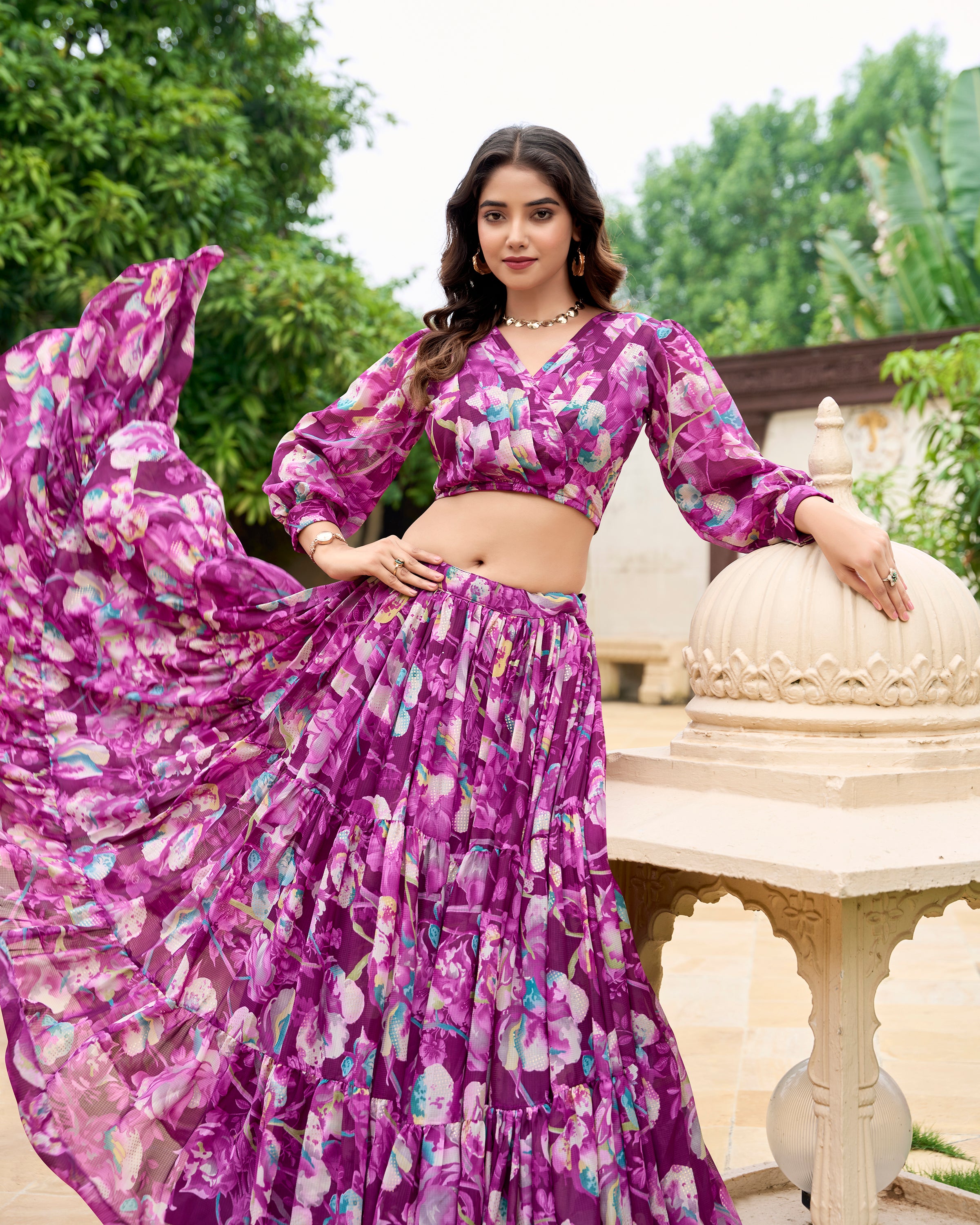 Lorenvalley Wine Georgette Chex beautiful Floral Print ethnic Co-ord Set - Distacart