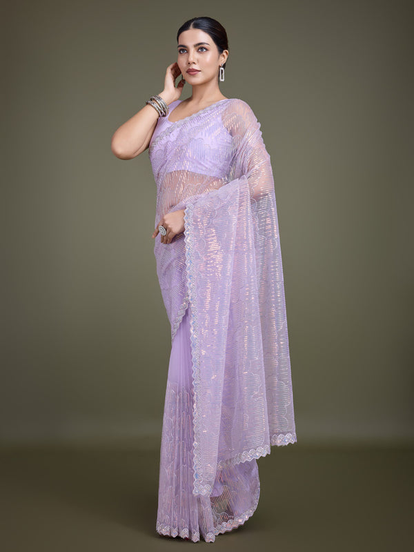 Monjolika Fashion Exclusive Women'S Lavender Soft Net SareeWith Sequin Work - Distacart