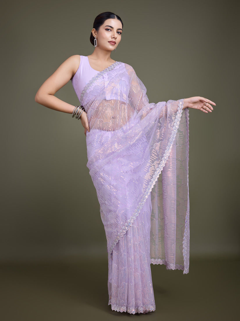 Monjolika Fashion Exclusive Women'S Lavender Soft Net SareeWith Sequin Work - Distacart