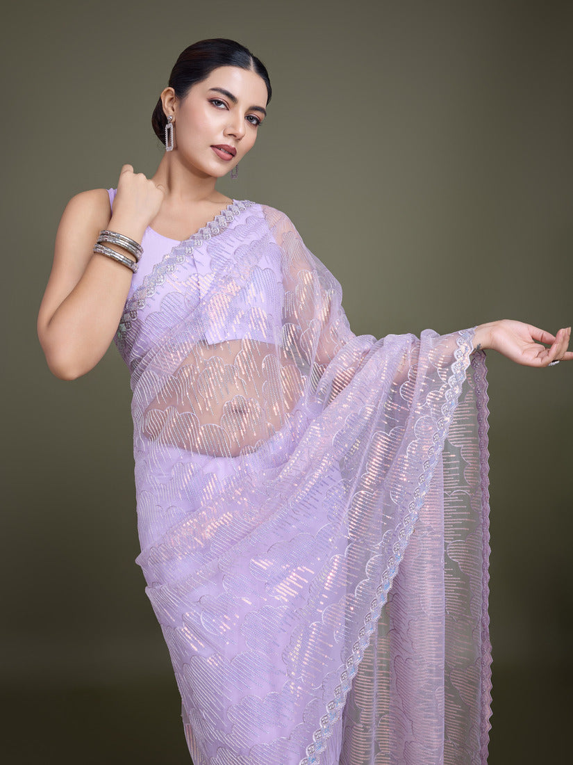 Monjolika Fashion Exclusive Women'S Lavender Soft Net SareeWith Sequin Work - Distacart