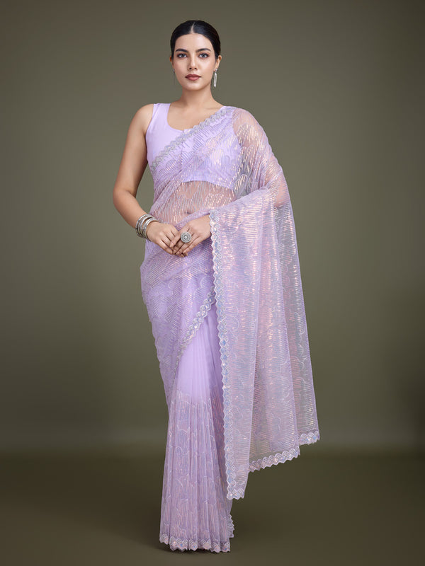 Monjolika Fashion Exclusive Women'S Lavender Soft Net SareeWith Sequin Work - Distacart