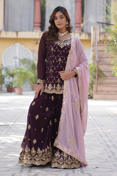 Vedant Vastram Heavy Embroidery & Sequins Work Pure Georgette Kurti Plazo Set With Dupatta - Wine - Distacart