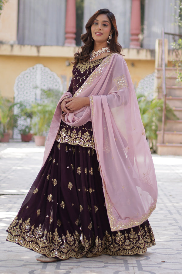 Vedant Vastram Heavy Embroidery & Sequins Work Pure Georgette Kurti Plazo Set With Dupatta - Wine - Distacart