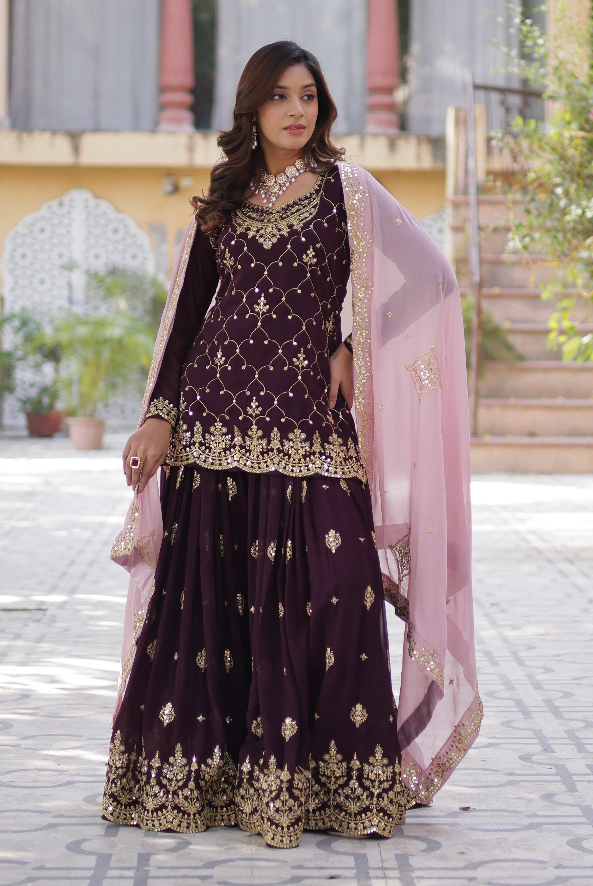 Vedant Vastram Heavy Embroidery & Sequins Work Pure Georgette Kurti Plazo Set With Dupatta - Wine - Distacart