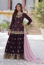 Thumbnail for Vedant Vastram Heavy Embroidery & Sequins Work Pure Georgette Kurti Plazo Set With Dupatta - Wine - Distacart