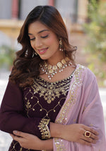 Thumbnail for Vedant Vastram Heavy Embroidery & Sequins Work Pure Georgette Kurti Plazo Set With Dupatta - Wine - Distacart