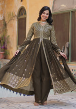 Thumbnail for Vedant Vastram Heavy Embroidery & Sequins Work Pure Georgette Kurti Pant Set With Dupatta - Mehendi - Distacart