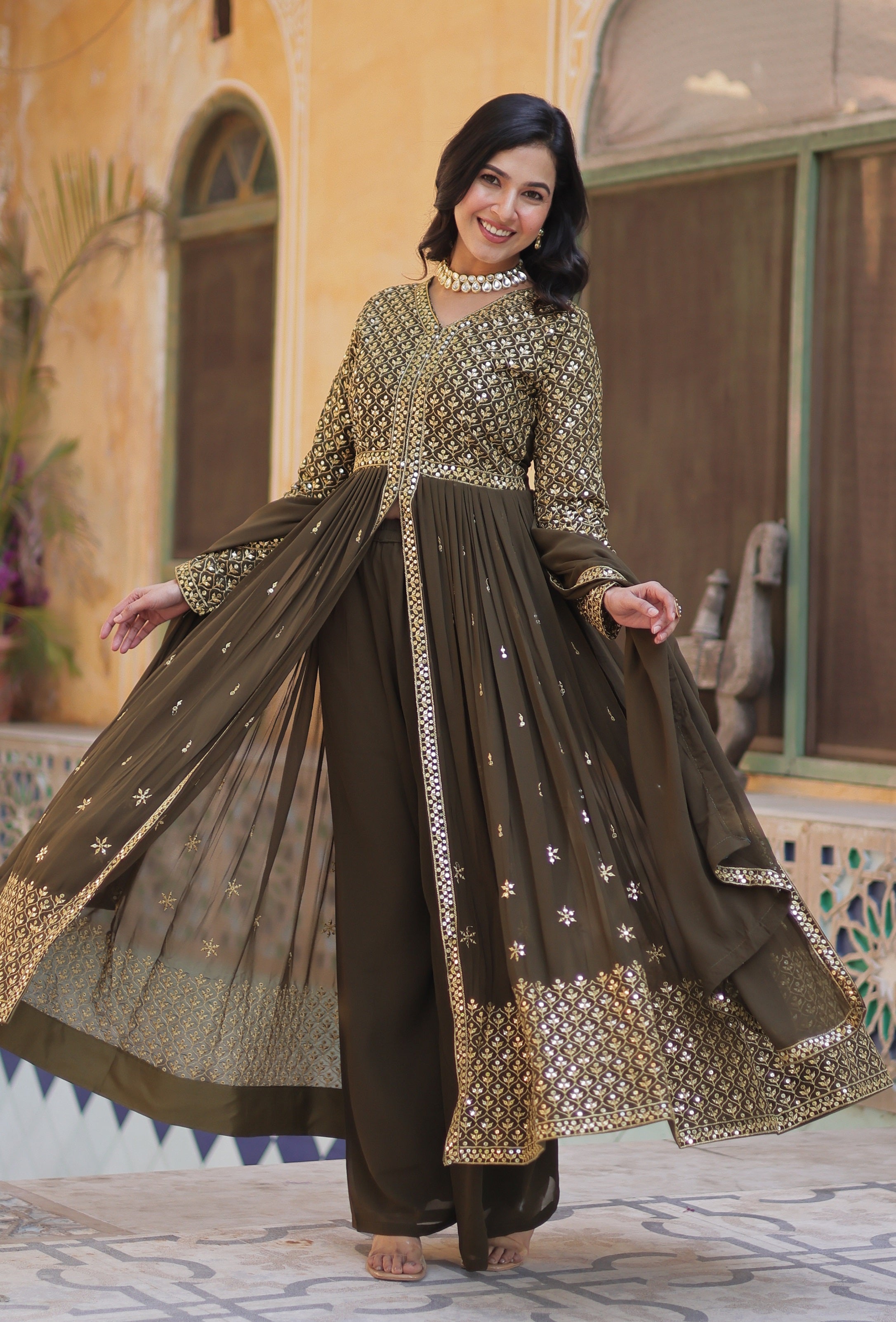 Vedant Vastram Heavy Embroidery & Sequins Work Pure Georgette Kurti Pant Set With Dupatta - Mehendi - Distacart