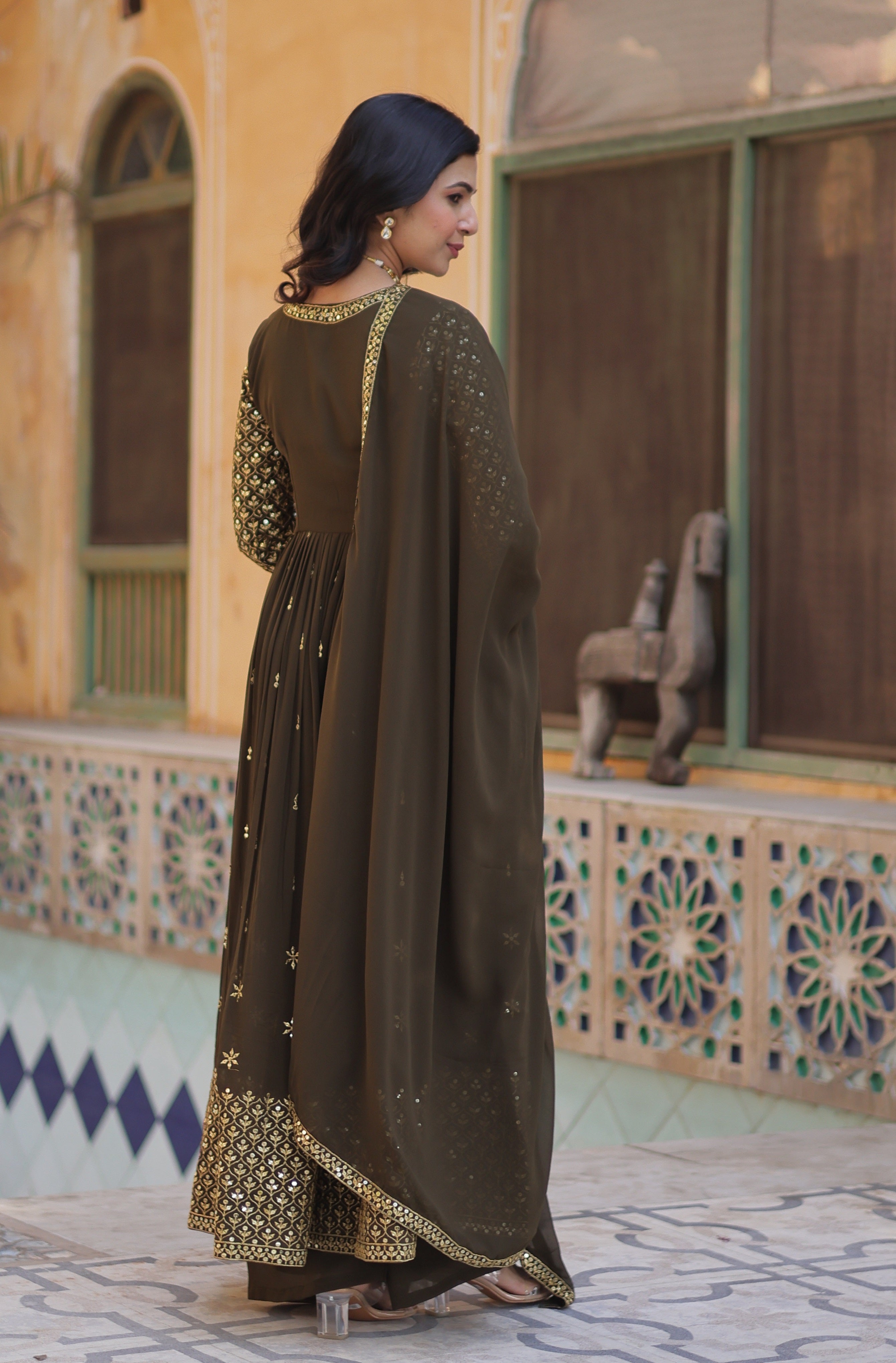 Vedant Vastram Heavy Embroidery & Sequins Work Pure Georgette Kurti Pant Set With Dupatta - Mehendi - Distacart