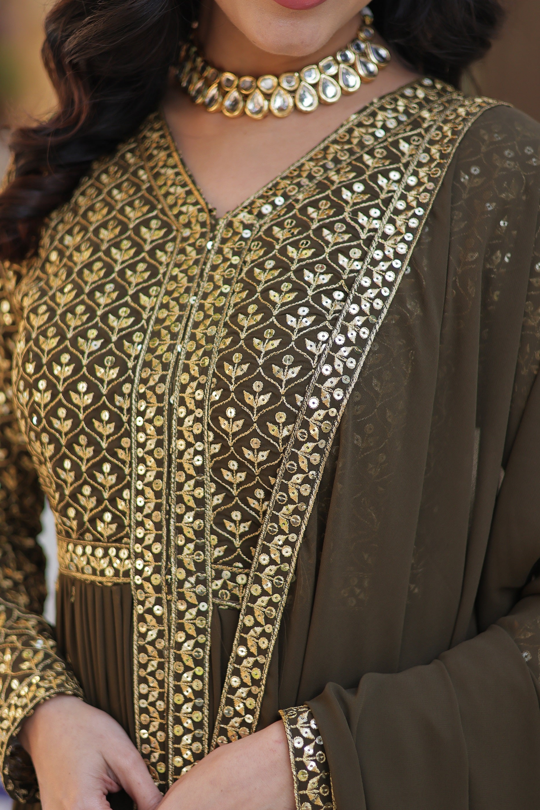 Vedant Vastram Heavy Embroidery & Sequins Work Pure Georgette Kurti Pant Set With Dupatta - Mehendi - Distacart