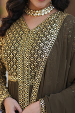 Thumbnail for Vedant Vastram Heavy Embroidery & Sequins Work Pure Georgette Kurti Pant Set With Dupatta - Mehendi - Distacart