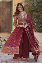 Thumbnail for Vedant Vastram Heavy Embroidery & Sequins Work Pure Georgette Kurti Pant Set With Dupatta - Peach - Distacart