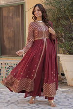 Thumbnail for Vedant Vastram Heavy Embroidery & Sequins Work Pure Georgette Kurti Pant Set With Dupatta - Peach - Distacart