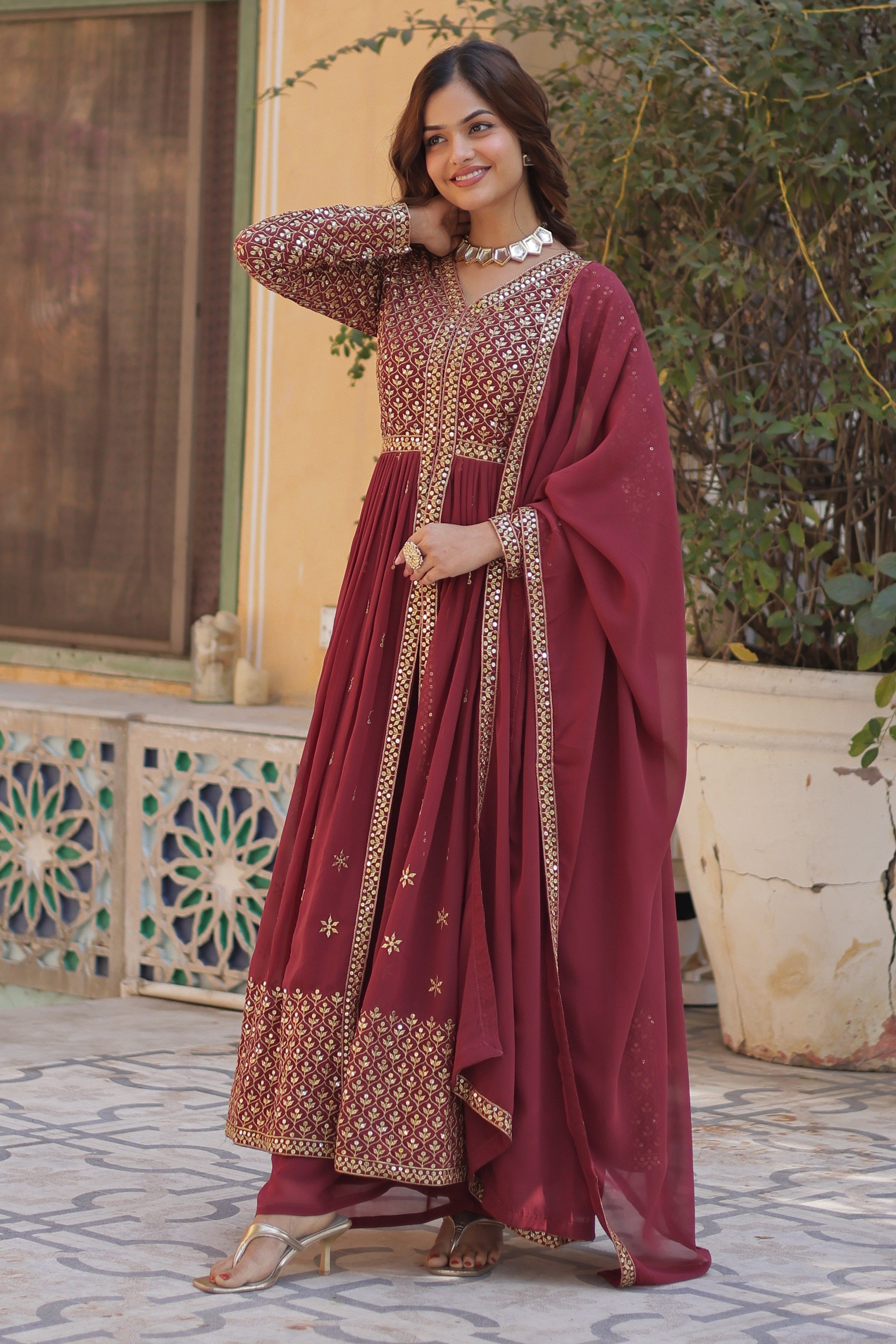 Vedant Vastram Heavy Embroidery & Sequins Work Pure Georgette Kurti Pant Set With Dupatta - Peach - Distacart