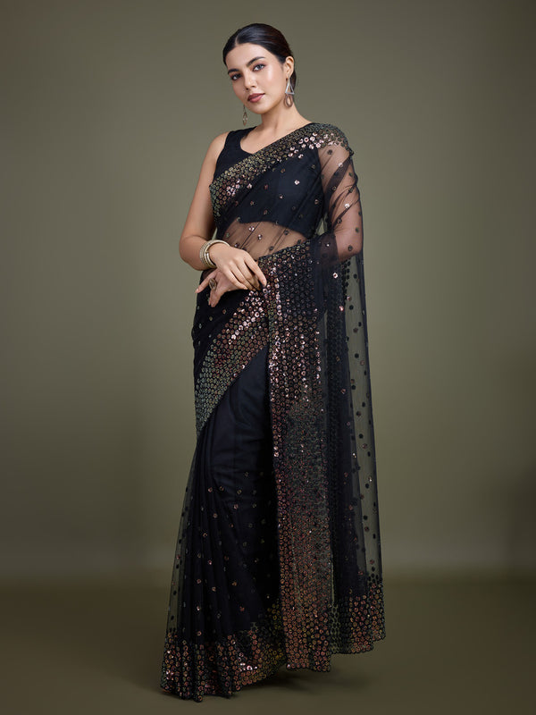 Monjolika Fashion Women'S Black Soft Net SareeWith Sequin Embellished Border And Pallu - Distacart
