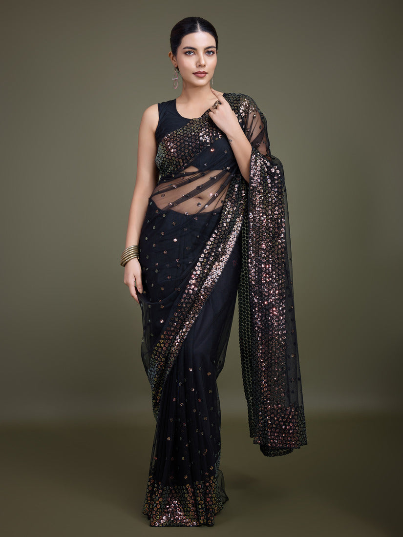 Monjolika Fashion Women'S Black Soft Net SareeWith Sequin Embellished Border And Pallu - Distacart