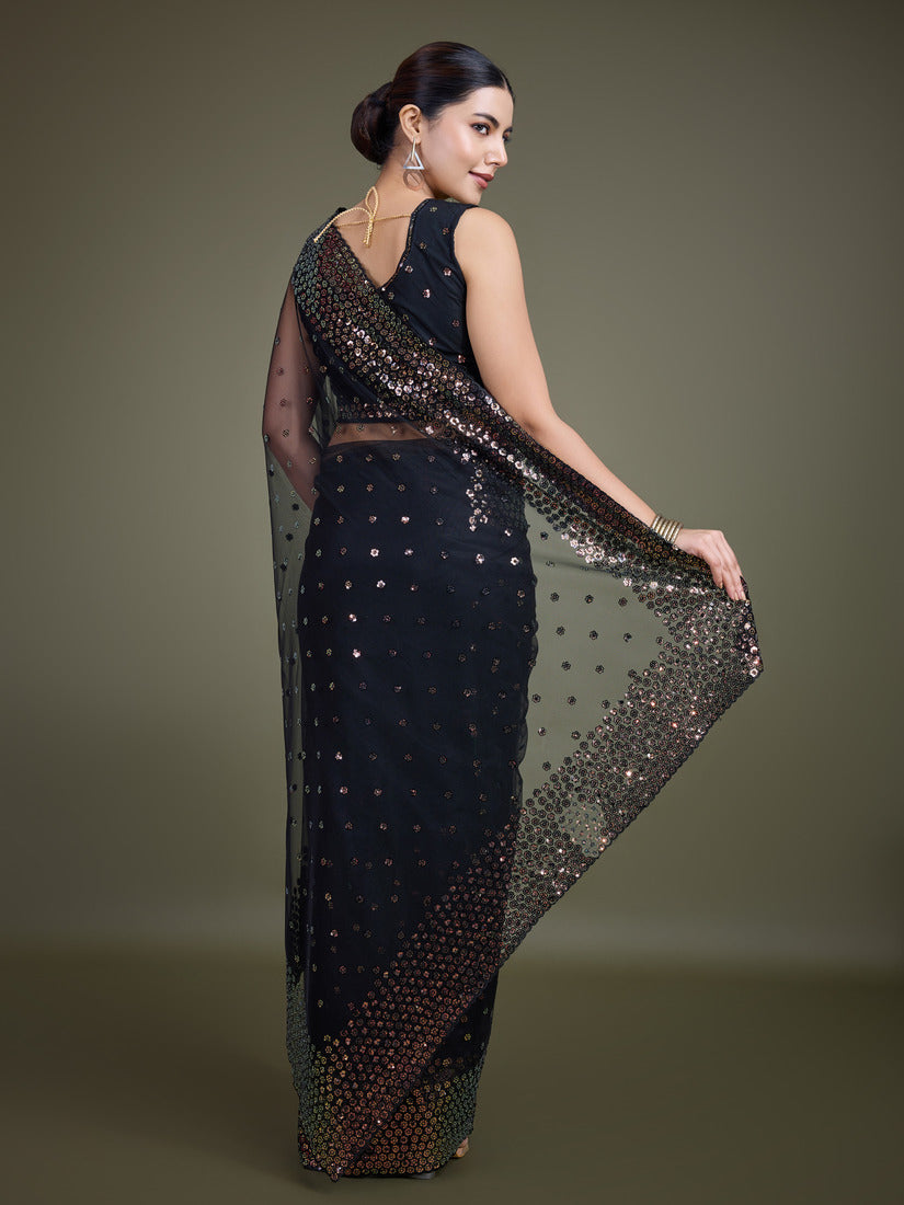 Monjolika Fashion Women'S Black Soft Net SareeWith Sequin Embellished Border And Pallu - Distacart