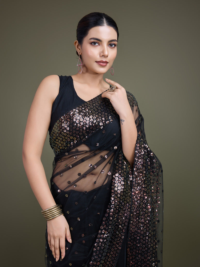 Monjolika Fashion Women'S Black Soft Net SareeWith Sequin Embellished Border And Pallu - Distacart