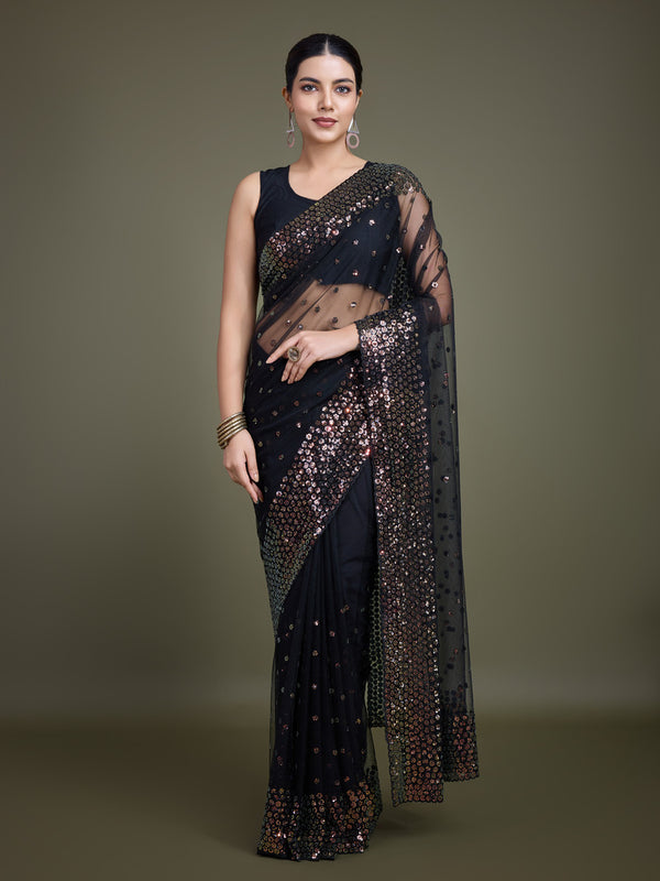 Monjolika Fashion Women'S Black Soft Net SareeWith Sequin Embellished Border And Pallu - Distacart