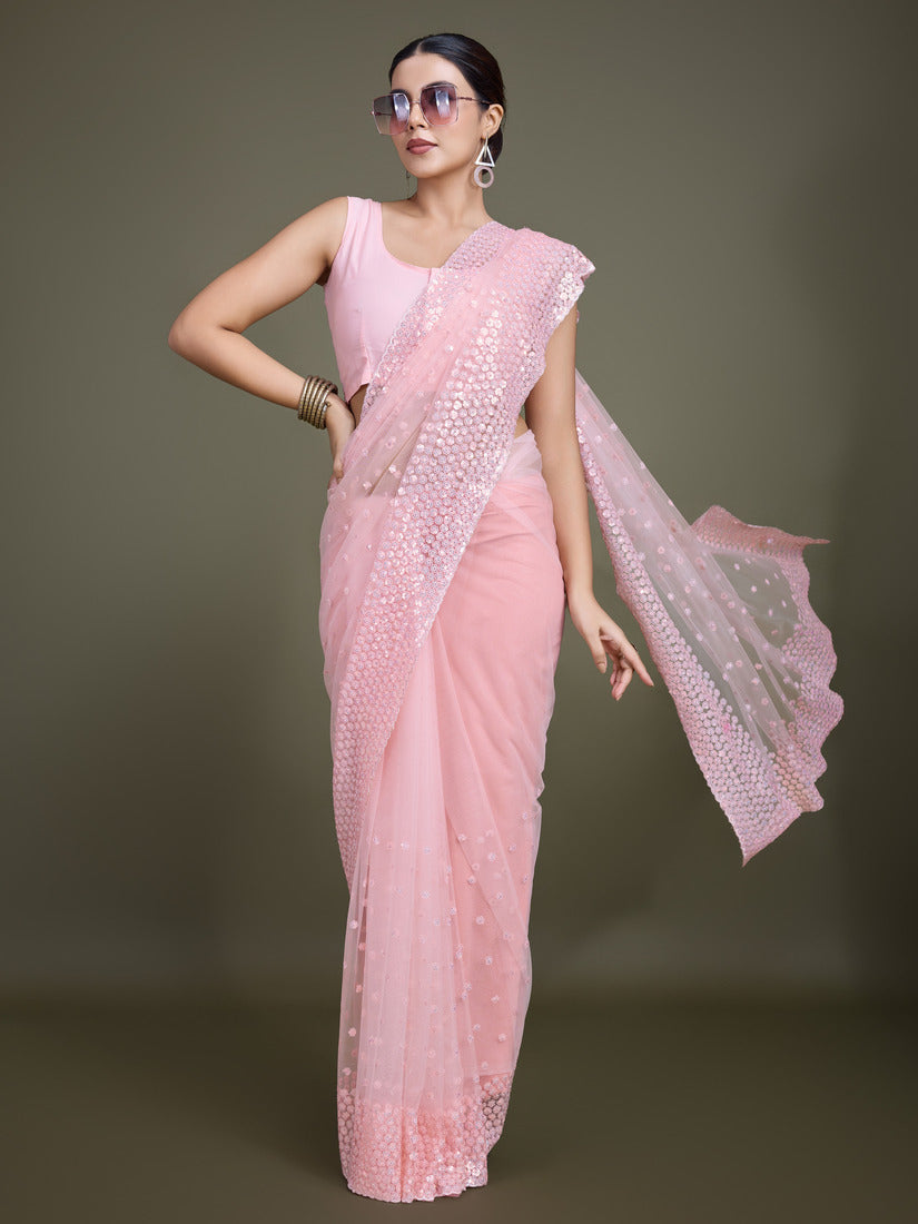 Monjolika Fashion Women'S Light Pink Soft Net SareeWith Sequin Embellished Border And Pallu - Distacart