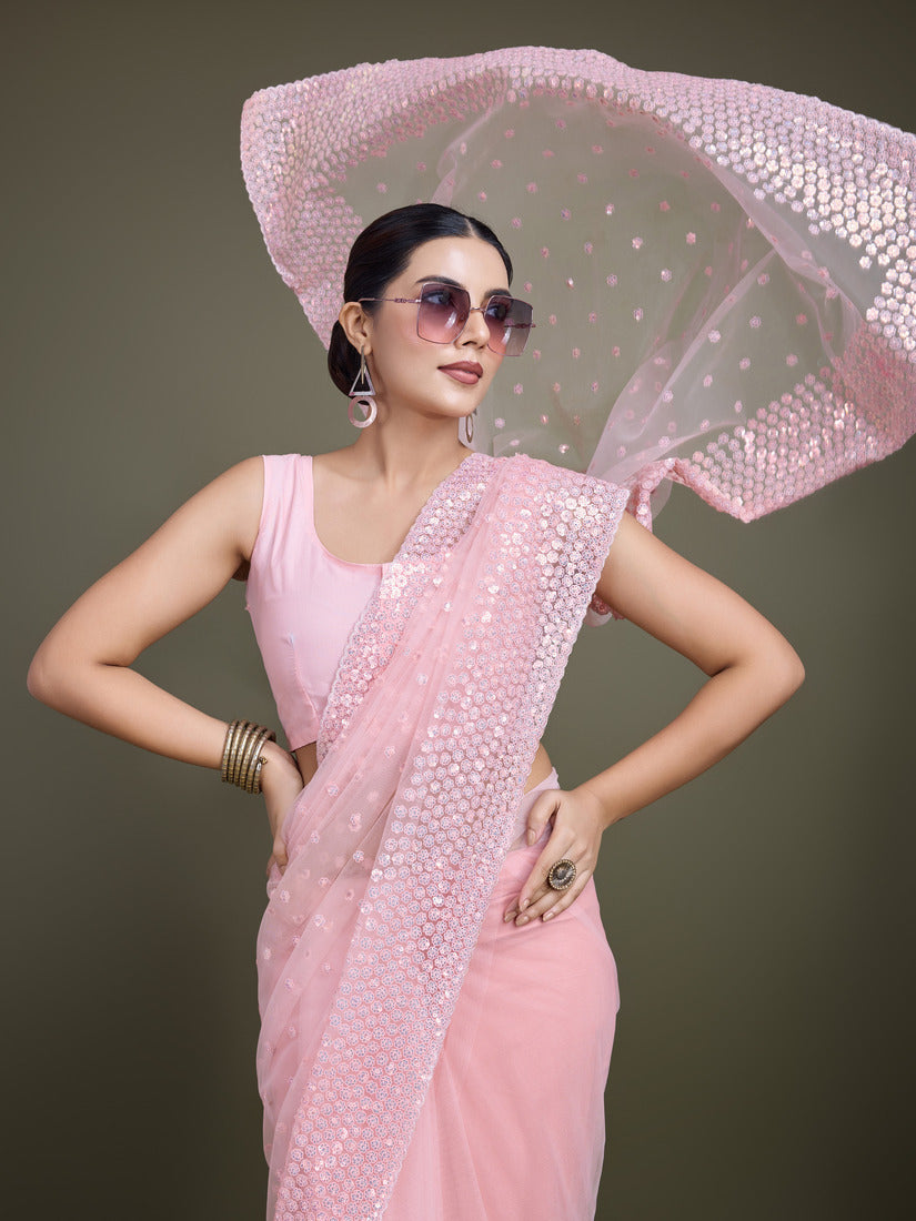 Monjolika Fashion Women'S Light Pink Soft Net SareeWith Sequin Embellished Border And Pallu - Distacart