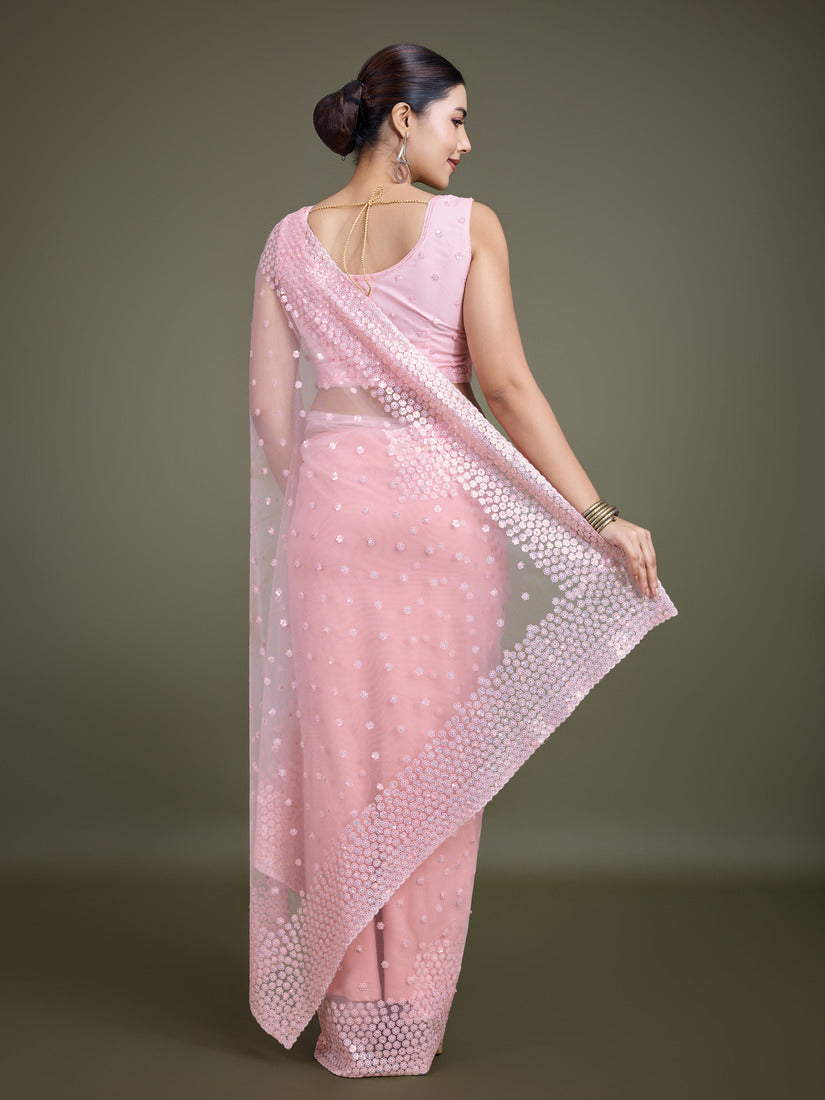 Monjolika Fashion Women'S Light Pink Soft Net SareeWith Sequin Embellished Border And Pallu - Distacart