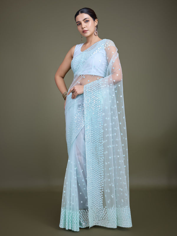 Monjolika Fashion Women'S Light Sky Blue Soft Net SareeWith Sequin Embellished Border And Pallu - Distacart