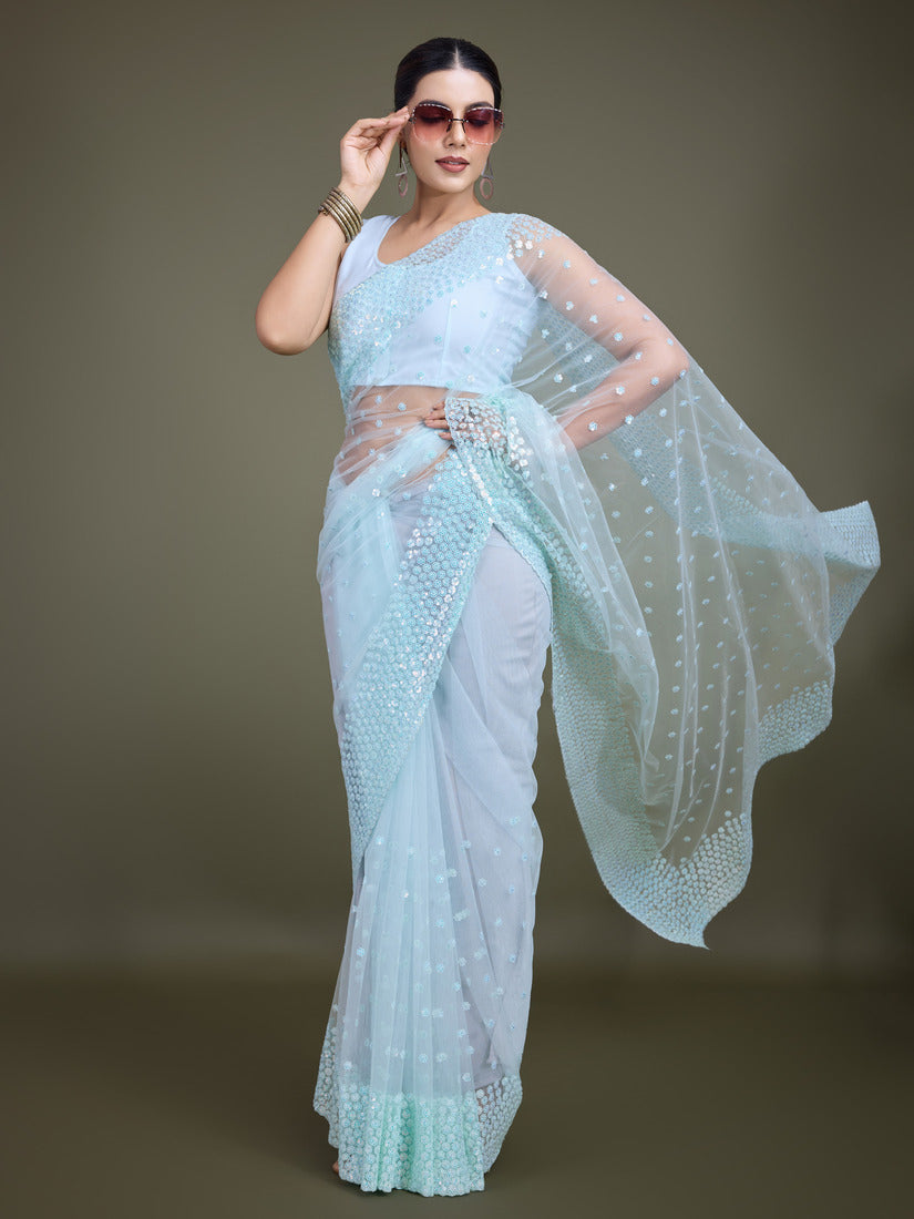 Monjolika Fashion Women'S Light Sky Blue Soft Net SareeWith Sequin Embellished Border And Pallu - Distacart