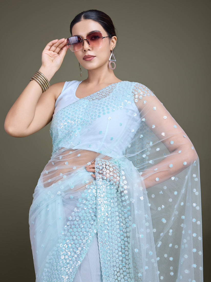 Monjolika Fashion Women'S Light Sky Blue Soft Net SareeWith Sequin Embellished Border And Pallu - Distacart