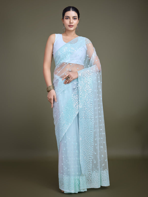 Monjolika Fashion Women'S Light Sky Blue Soft Net SareeWith Sequin Embellished Border And Pallu - Distacart