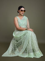 Thumbnail for Monjolika Fashion Women'S Light Green Soft Net SareeWith Sequin Embellished Border And Pallu - Distacart