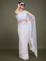 Thumbnail for Monjolika Fashion Women'S White Soft Net SareeWith Sequin Embellished Border And Pallu - Distacart