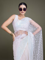 Thumbnail for Monjolika Fashion Women'S White Soft Net SareeWith Sequin Embellished Border And Pallu - Distacart