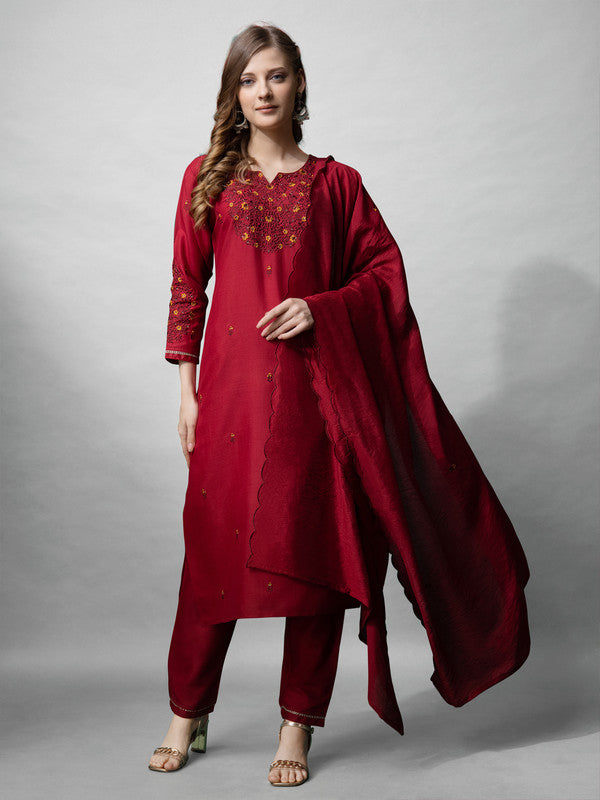 Malishka Women's Maroon Embroidered Cotton Blend Kurta Pant Set With Dupatta