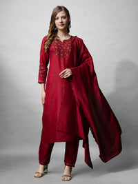 Thumbnail for Malishka Women's Maroon Embroidered Cotton Blend Kurta Pant Set With Dupatta