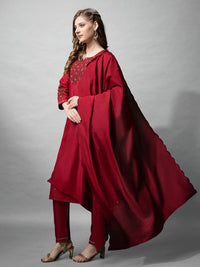 Thumbnail for Malishka Women's Maroon Embroidered Cotton Blend Kurta Pant Set With Dupatta