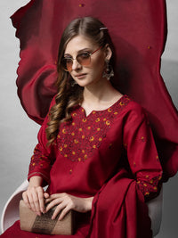 Thumbnail for Malishka Women's Maroon Embroidered Cotton Blend Kurta Pant Set With Dupatta