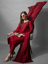 Thumbnail for Malishka Women's Maroon Embroidered Cotton Blend Kurta Pant Set With Dupatta