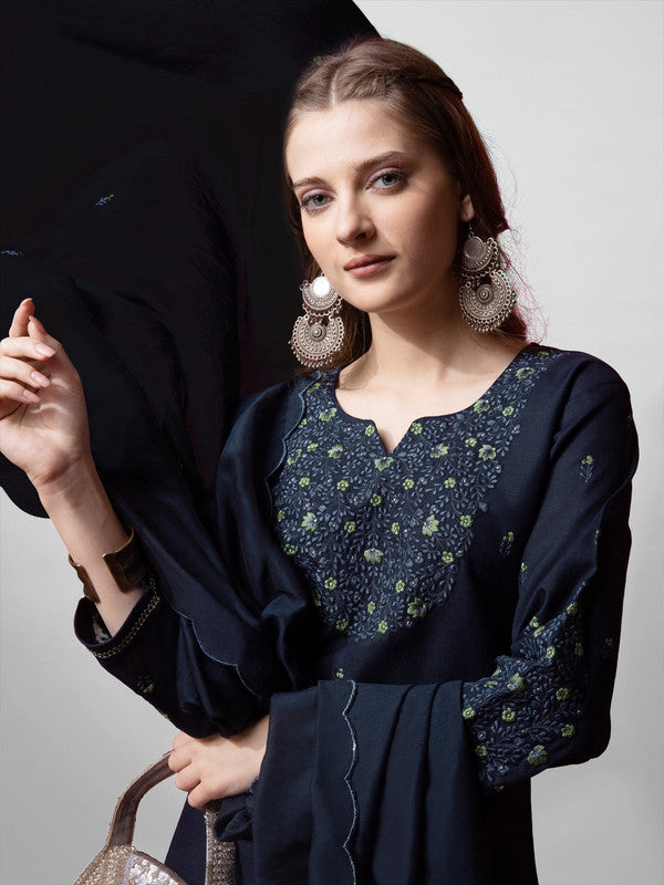 Navy Blue Women's Kurta Pant Dupatta Set - Hiral Fashion