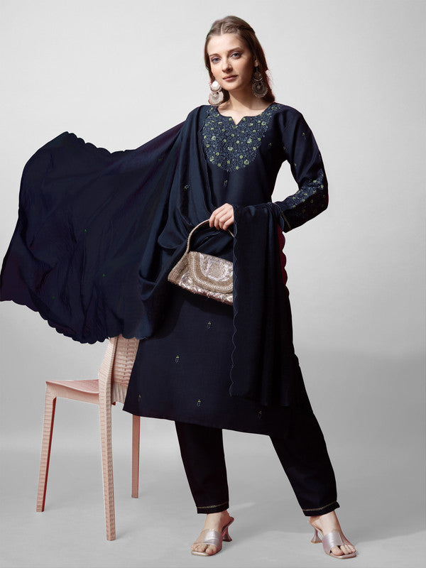 Navy Blue Women's Kurta Pant Dupatta Set - Hiral Fashion