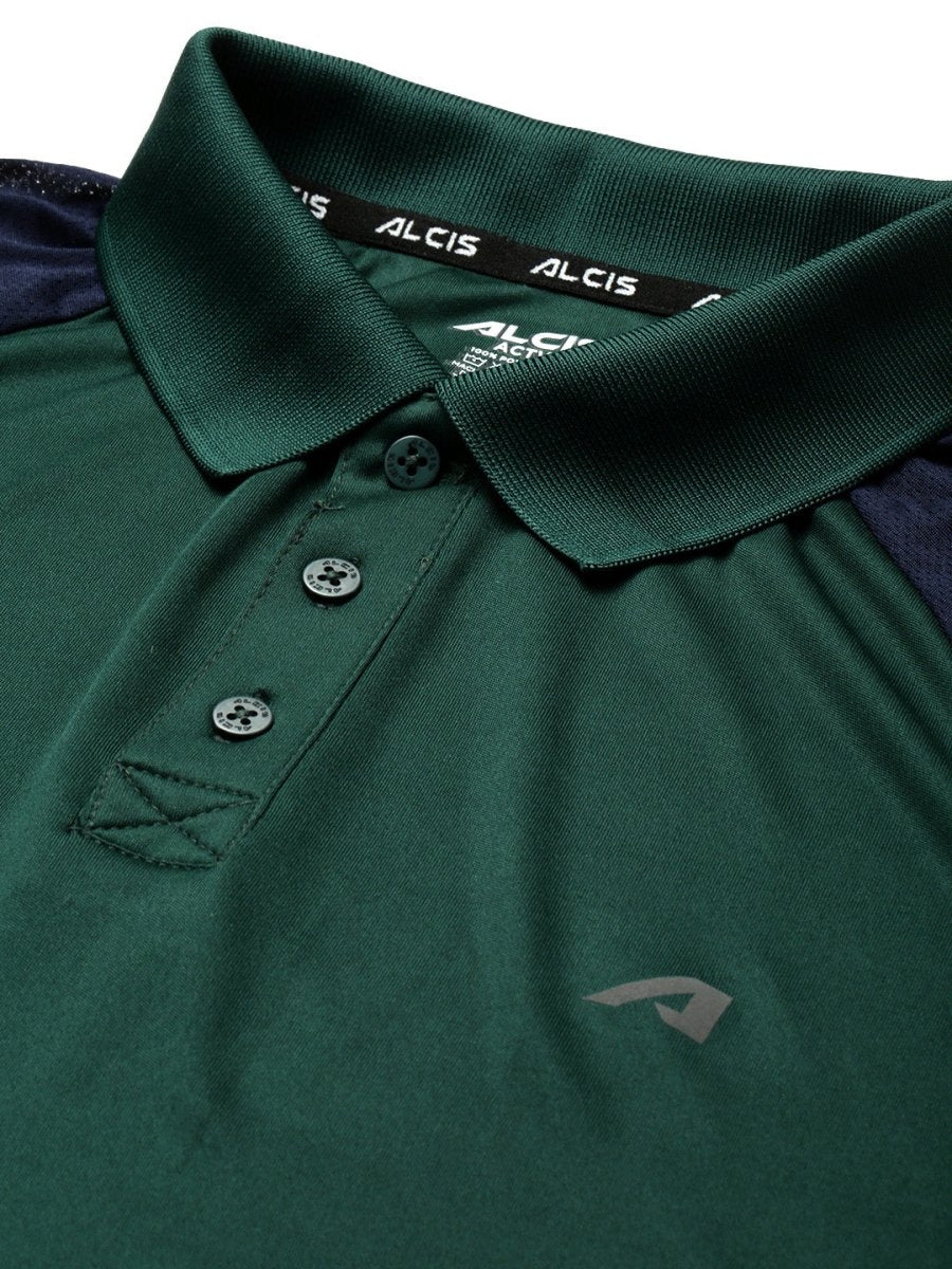 Alcis Men Green & Navy Blue Colourblocked Polo Collar Slim Fit Running T-shirt - Distacart