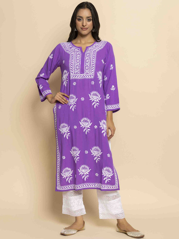 HOUSE OF KARI Ethnic Motifs Chikankari Embroidered Notched Round Neck Straight Kurta - Distacart