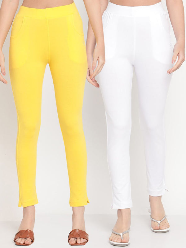 TAG 7 Women Yellow & White Pack of 2 Straight Fit Ankle-Length Leggings - Distacart