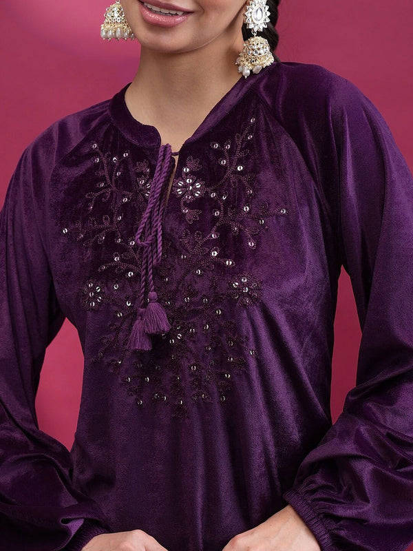 Vishudh Purple Floral Embroidered Sequined Straight Kurta - Distacart