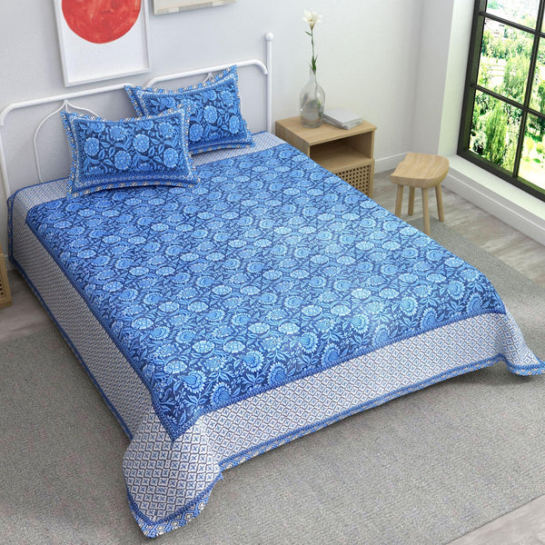 Blue Ethnic Motifs Cotton 220 TC Bedsheet With 2 Zipper Pillow Covers - King Size by House of Ree - Distacart