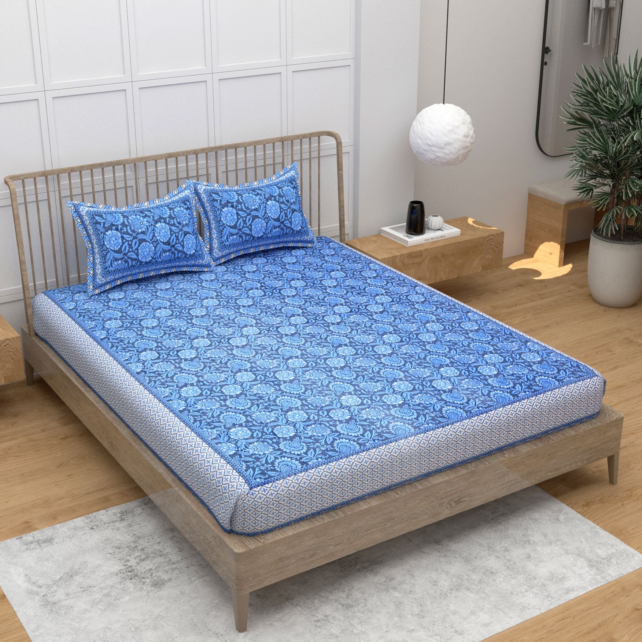 Blue Ethnic Motifs Cotton 220 TC Bedsheet With 2 Zipper Pillow Covers - King Size by House of Ree - Distacart