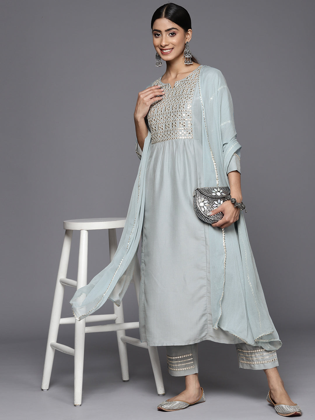 Varanga Women Blue Mirror Work Yoke Embroidered Straight Kurta Paired With Tonal Bottom And Tonal Solid Dupatta With Four Side Fringes - Distacart