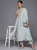 Thumbnail for Varanga Women Blue Mirror Work Yoke Embroidered Straight Kurta Paired With Tonal Bottom And Tonal Solid Dupatta With Four Side Fringes - Distacart